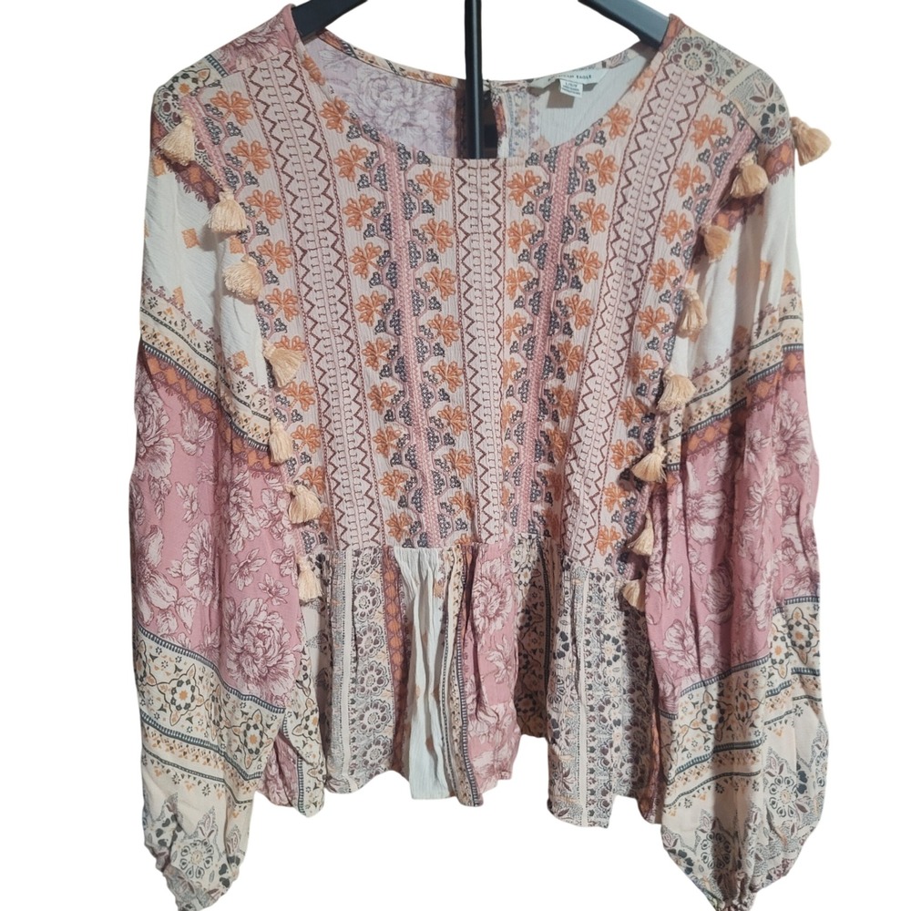 American Eagle Womens Large Pink Patchwork Floral Tassel Peplum Blouse Top L